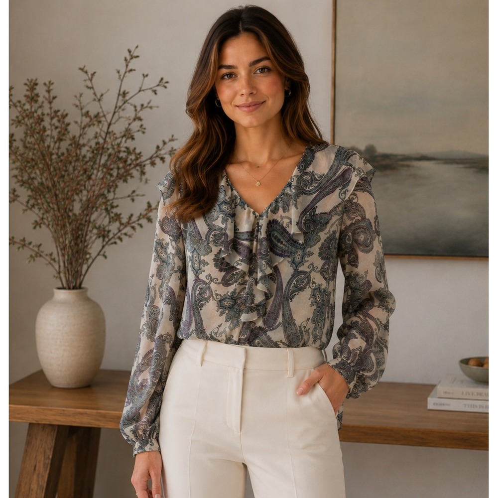 Worth New York Petite Small P 100% Silk Blouse Sheer Paisley Ruffle Long Sleeve